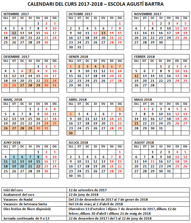 Calendari del curs 2017-2018