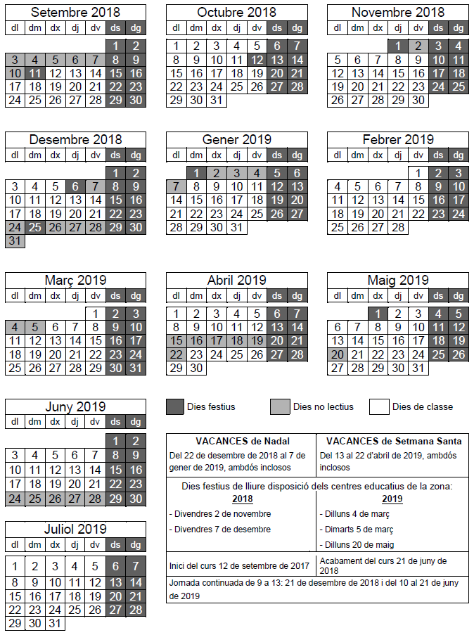 Calendari escolar del curs 2018-2019