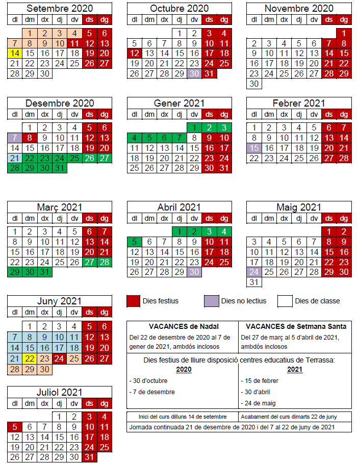 Calendari escolar per al curs 2020-2021